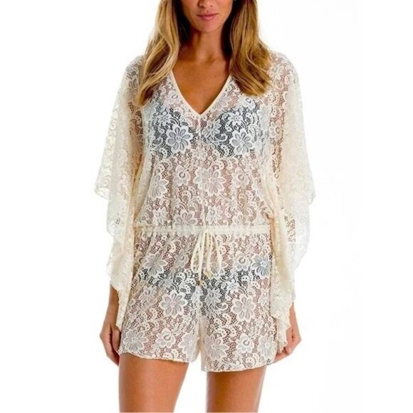 Elan White Lace Coverup Romper - Picture 1 of 7
